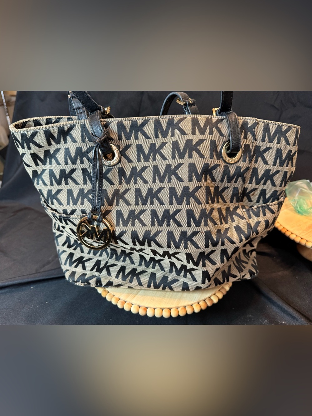 Michael Kors Black and grey MK Logo Tote with Gold Charm